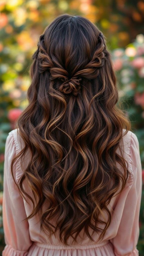 A woman with warm dark brown hair styled with caramel highlights in loose waves.