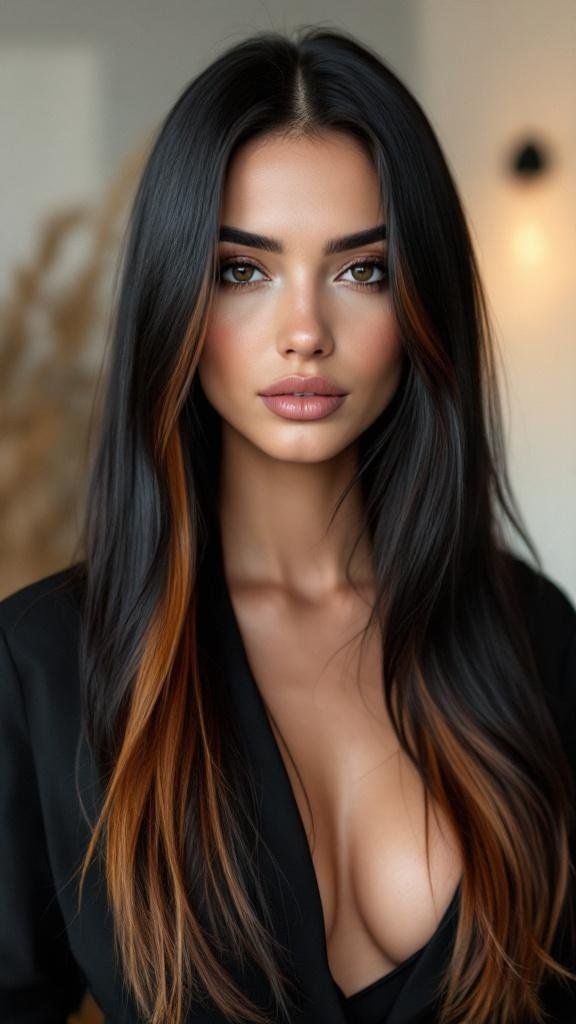 A woman with raven hair featuring bold caramel highlights.