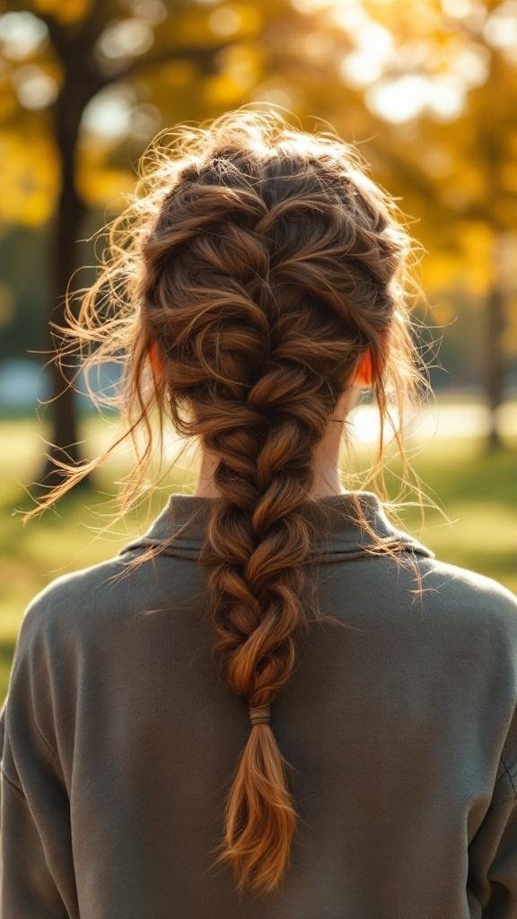 A person with braided dark hair and caramel highlights, seen from the back.