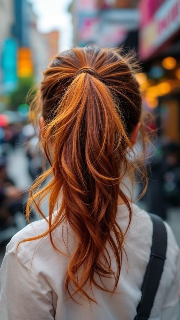 A woman with deep chestnut hair styled in a ponytail, featuring bright caramel tips.