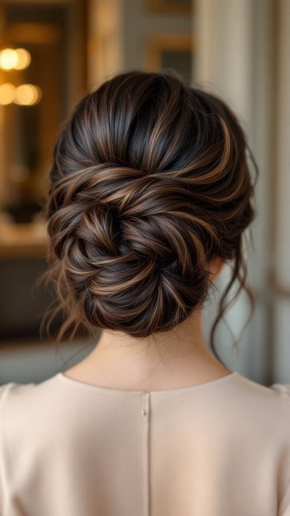 A hairstyle featuring dark espresso hair styled in a bun with caramel highlights.