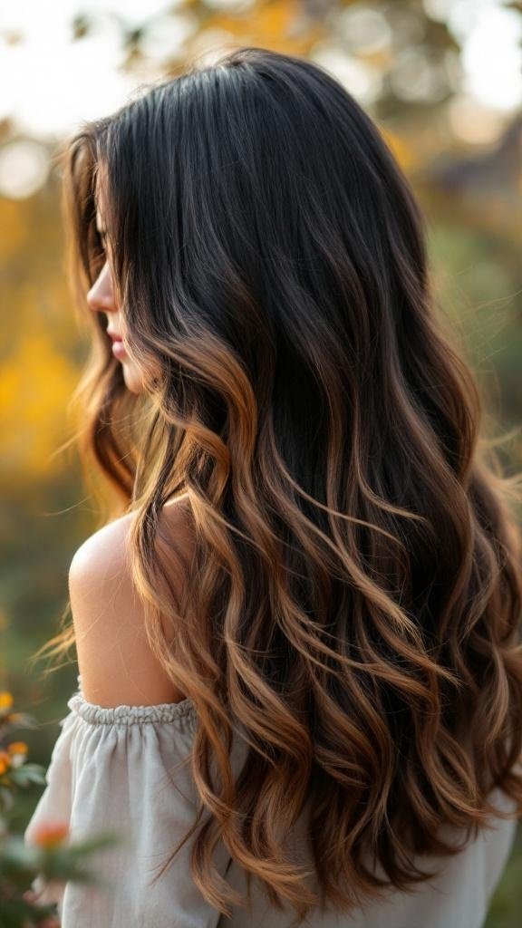 A woman with soft black hair featuring delicate caramel balayage, styled in loose waves.