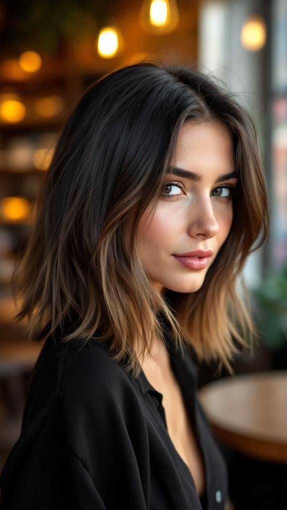 A woman with black-brown hair and caramel highlights, showcasing a stylish bob cut.