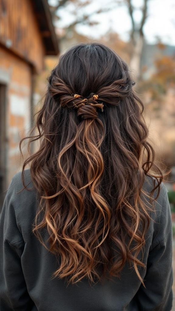 A woman with long, wavy chocolate brown hair featuring honey caramel highlights, styled in a half-updo.