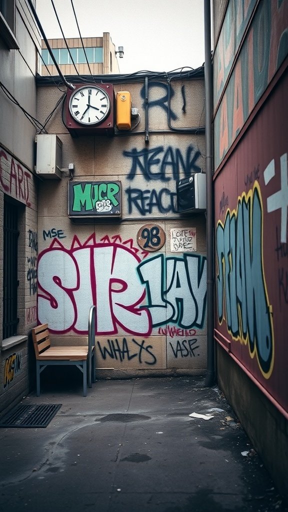An alleyway featuring colorful graffiti and street art.