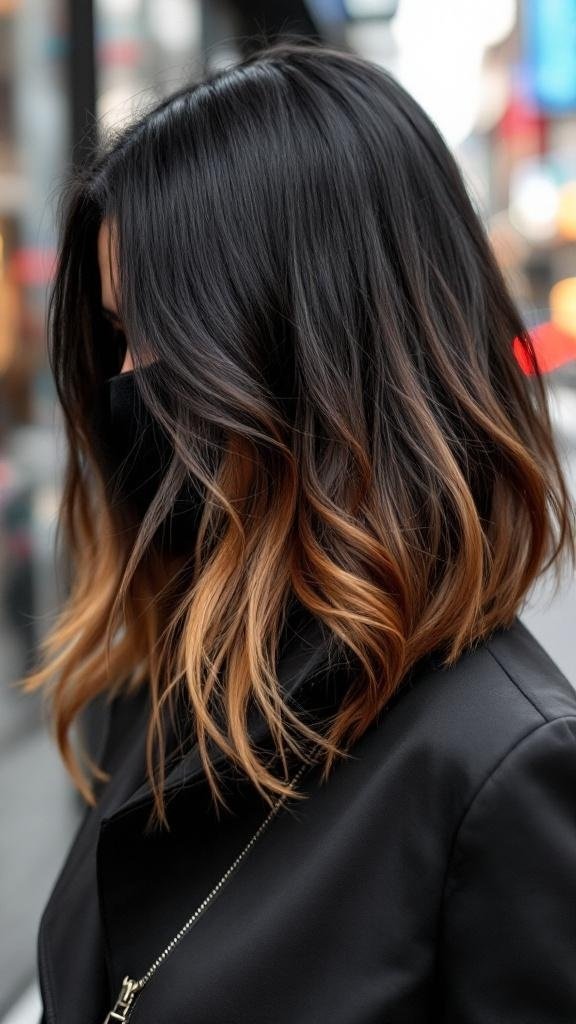 A woman with jet black hair styled in soft waves, featuring caramel ombre highlights at the ends.