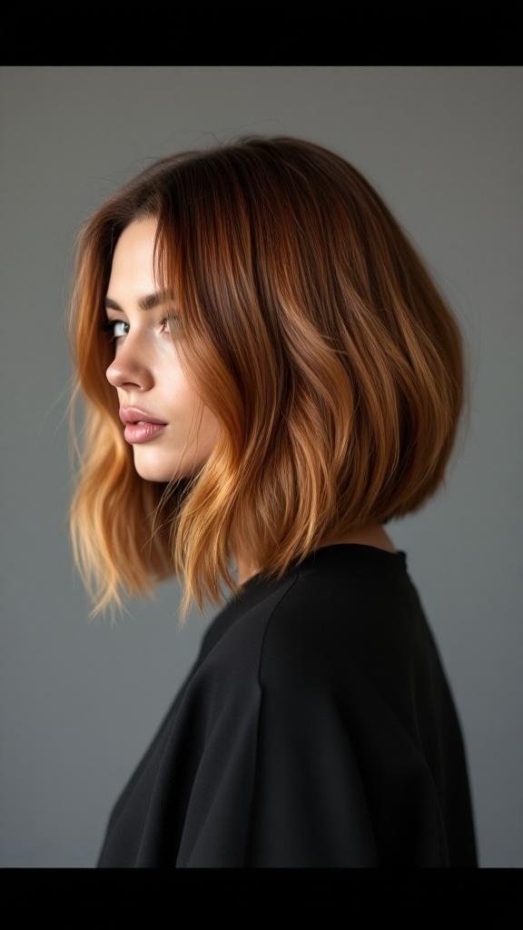 A woman with dark hair featuring caramel highlights, styled in a wavy bob.