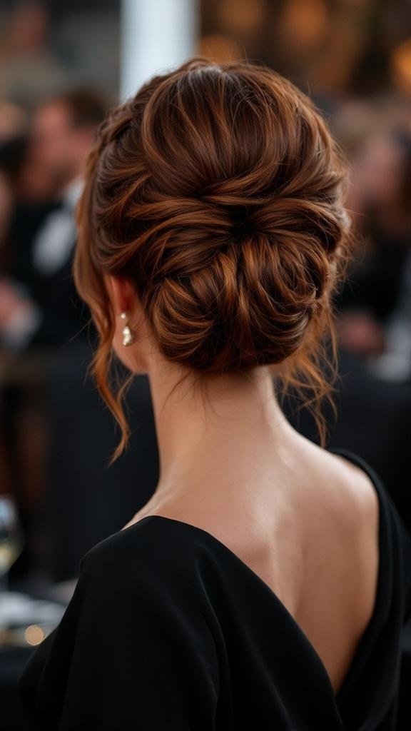 A hairstyle featuring rich mahogany hair with bright caramel highlights, styled in an elegant updo.