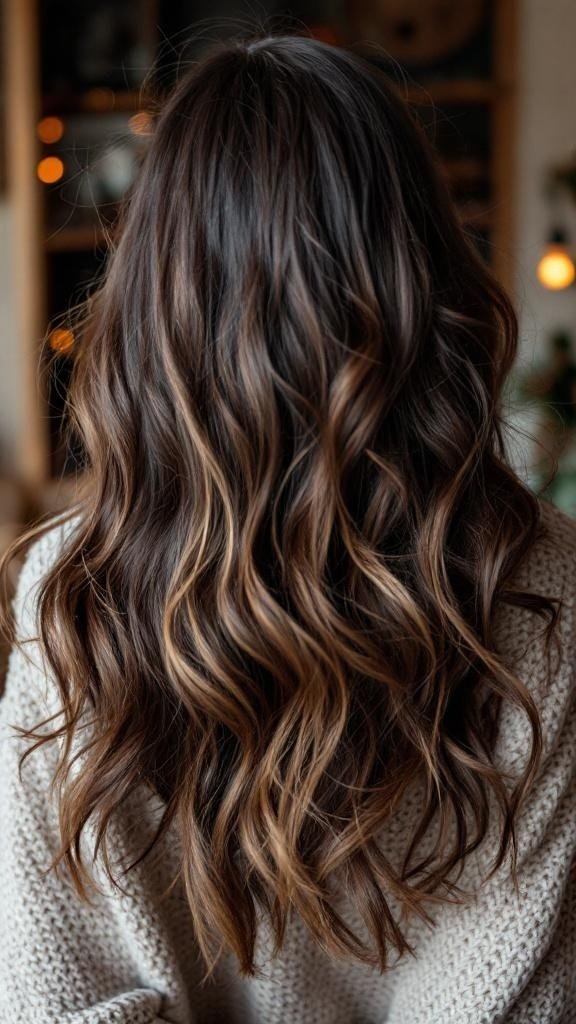 A person with dark chocolate hair featuring caramel highlights, styled in loose waves.