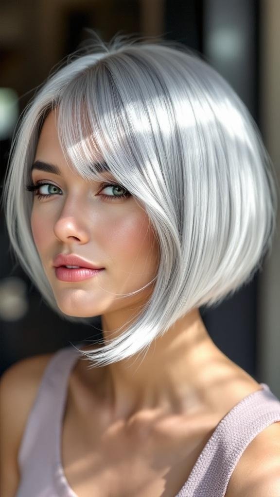 A woman with a sleek silver bob hairstyle and side bangs, showcasing a modern and stylish look.