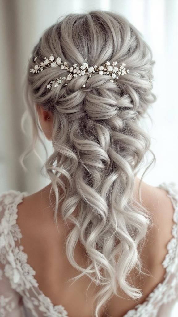 A beautiful hairstyle featuring soft silver curls adorned with floral hair accessories.