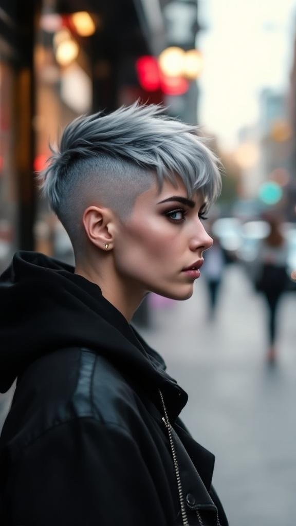 A person with metallic grey hair styled in a bold undercut, showcasing a modern and edgy look.