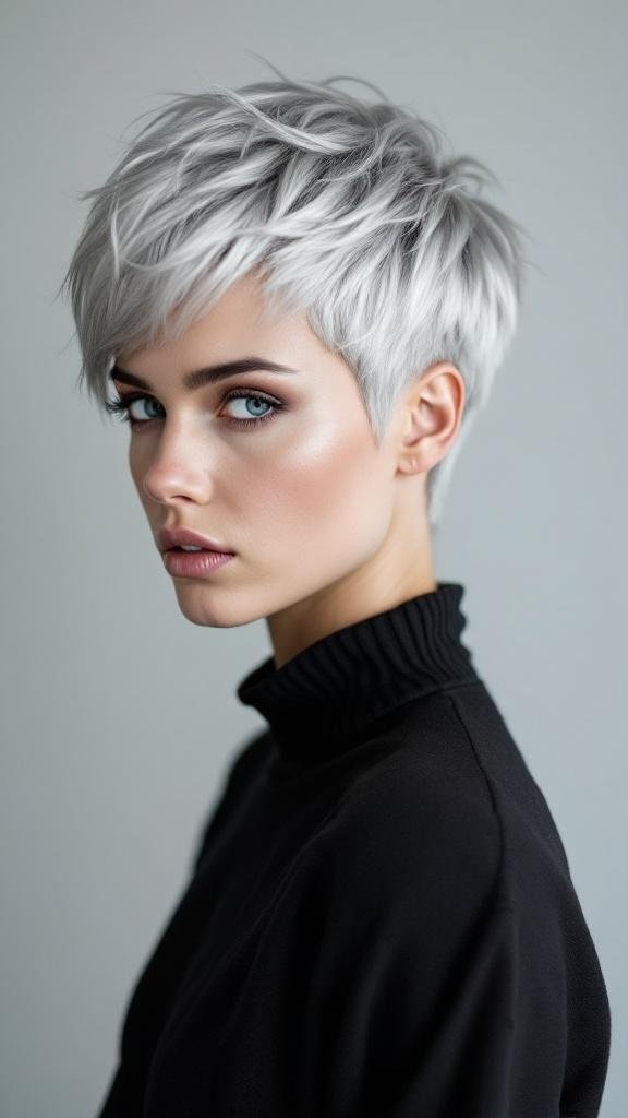 A woman with a silver pixie cut and textured layers, wearing a black turtleneck.