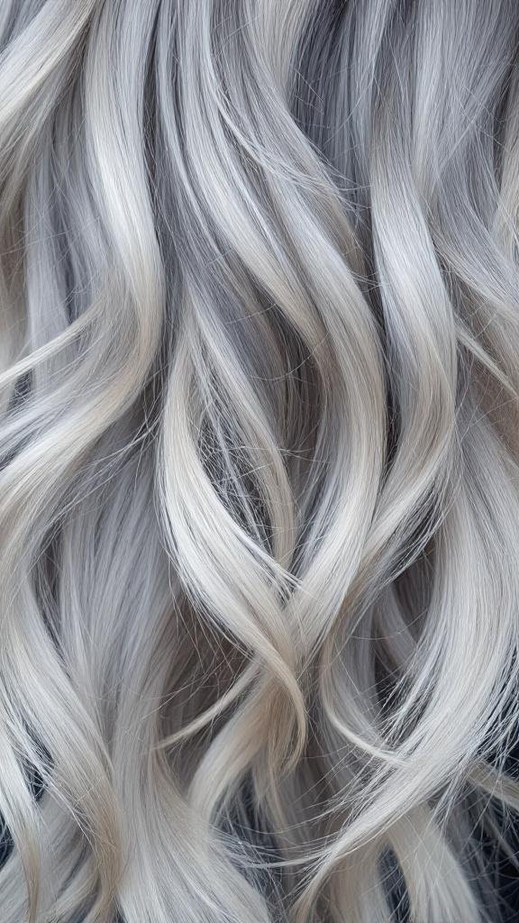 Close-up of wavy grey hair with ash blonde highlights