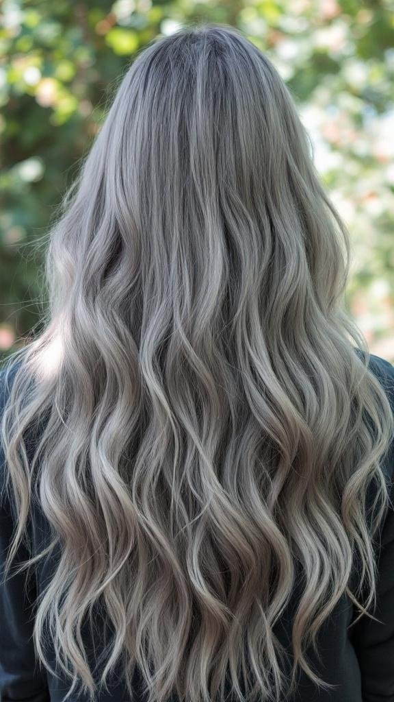 Long wavy grey hair cascading down the back.