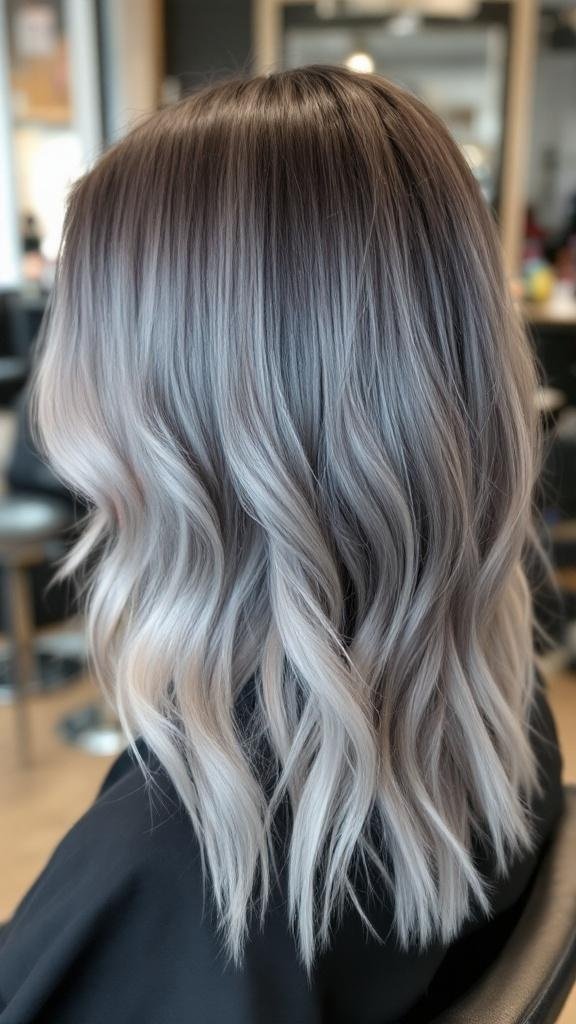 A stylish grey ombre hairstyle with dark roots, showcasing soft grey tones and waves.