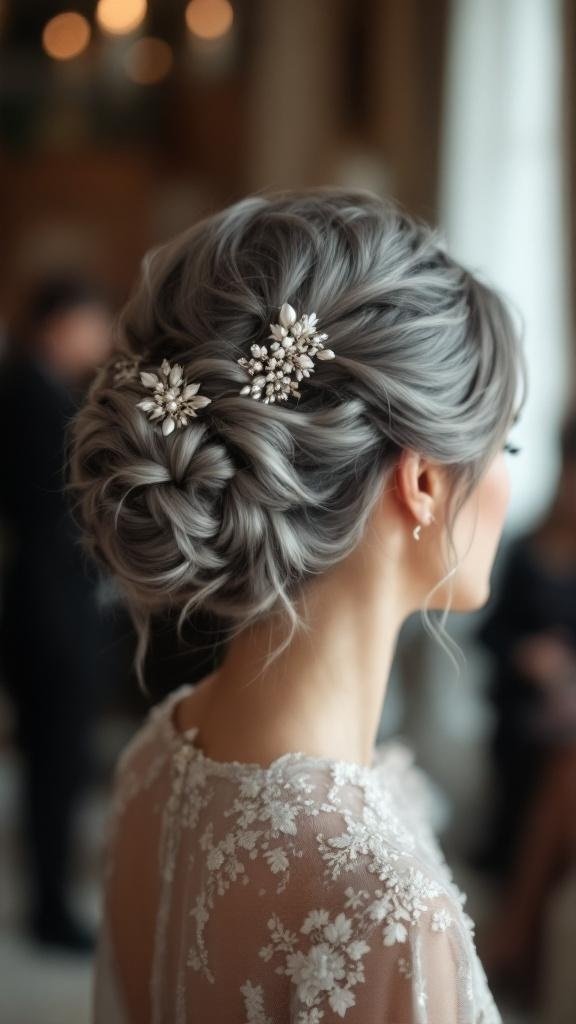 A classic grey updo hairstyle adorned with floral hairpins, suitable for formal events.