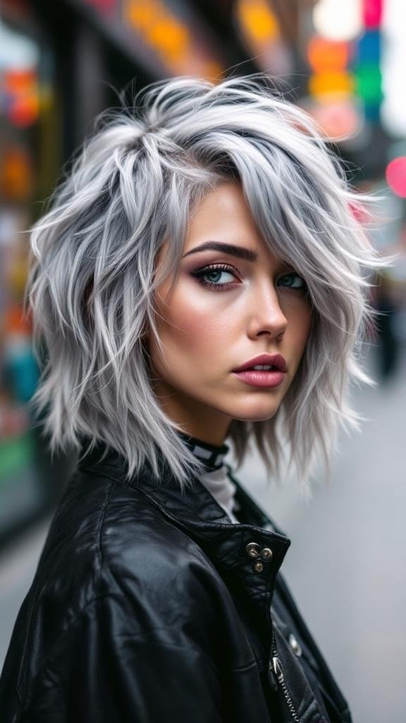 A stylish person with grey hair featuring chunky highlights, wearing a black leather jacket.