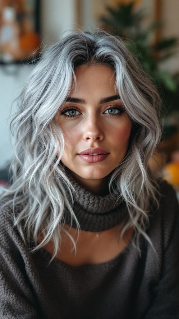 A woman with textured grey waves and a middle part, wearing a cozy sweater.