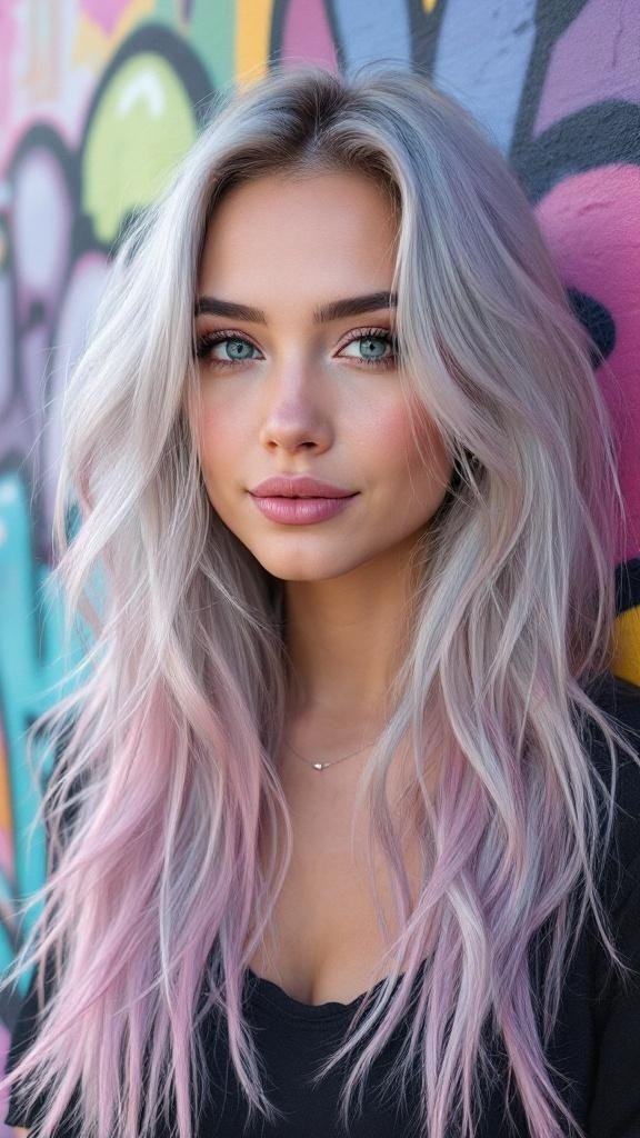A young woman with silver hair and pastel pink tips, standing in front of a colorful graffiti wall.