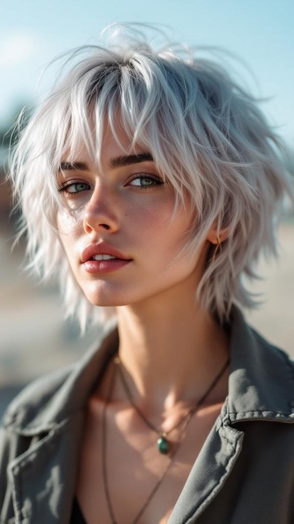 A person with cool toned silver shaggy hair, looking stylish and confident.