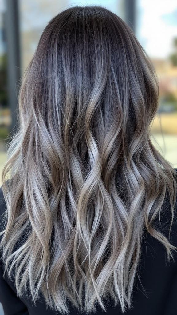 A beautiful grey balayage hairstyle on dark hair, showcasing soft grey tones blended with darker roots.