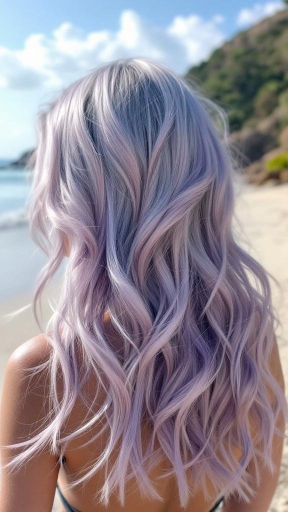A person with long, wavy hair dyed in a blend of silver and lavender, standing on a beach.