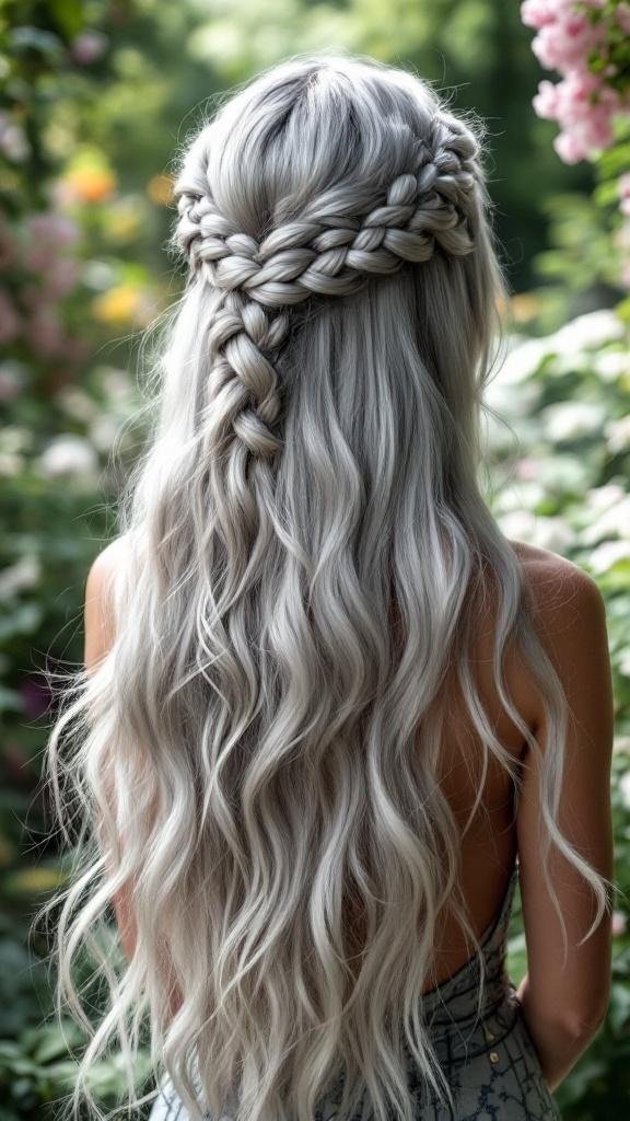 Long silver hair styled with a braided crown in a garden setting.