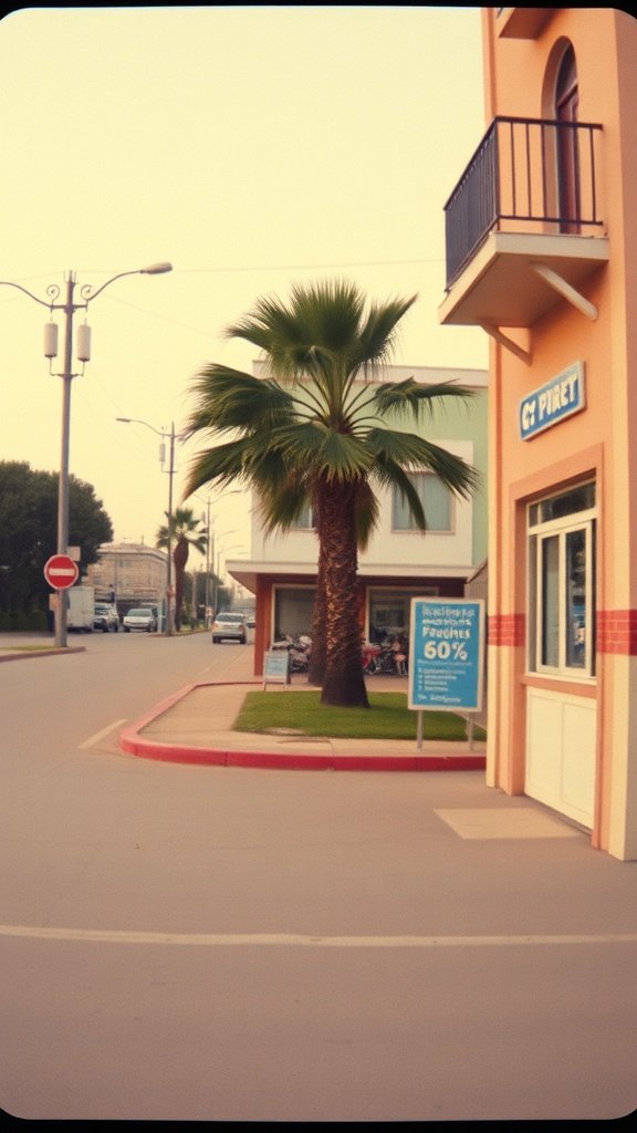 A street scene featuring a palm tree and a building with a retro film grain effect.