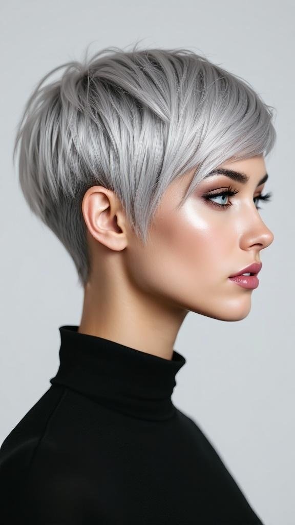 A woman with short grey hair styled in an angular cut, wearing a black turtleneck.