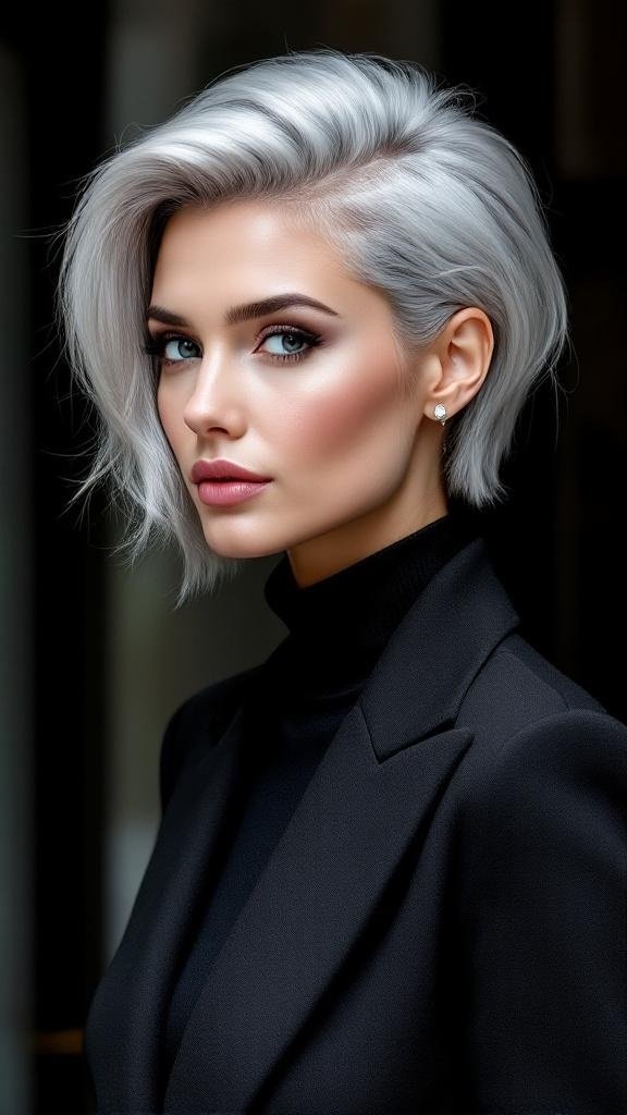 A woman with silver hair styled in a deep side part, wearing a black outfit.