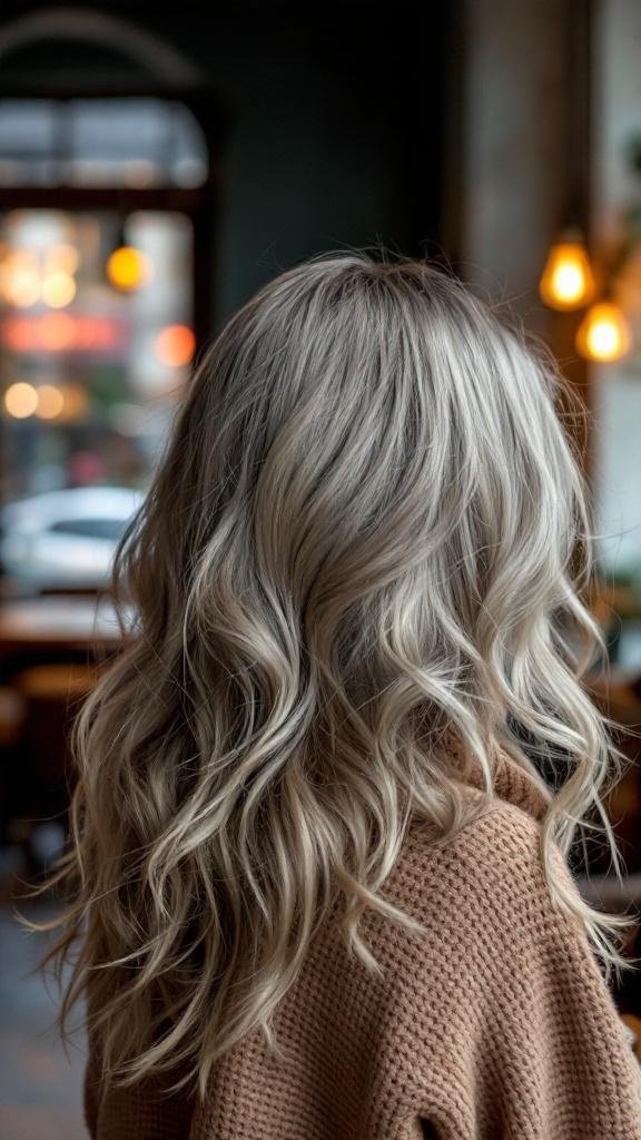 A woman with wavy grey hair, wearing a cozy sweater, seen from the back in a warm, inviting setting.