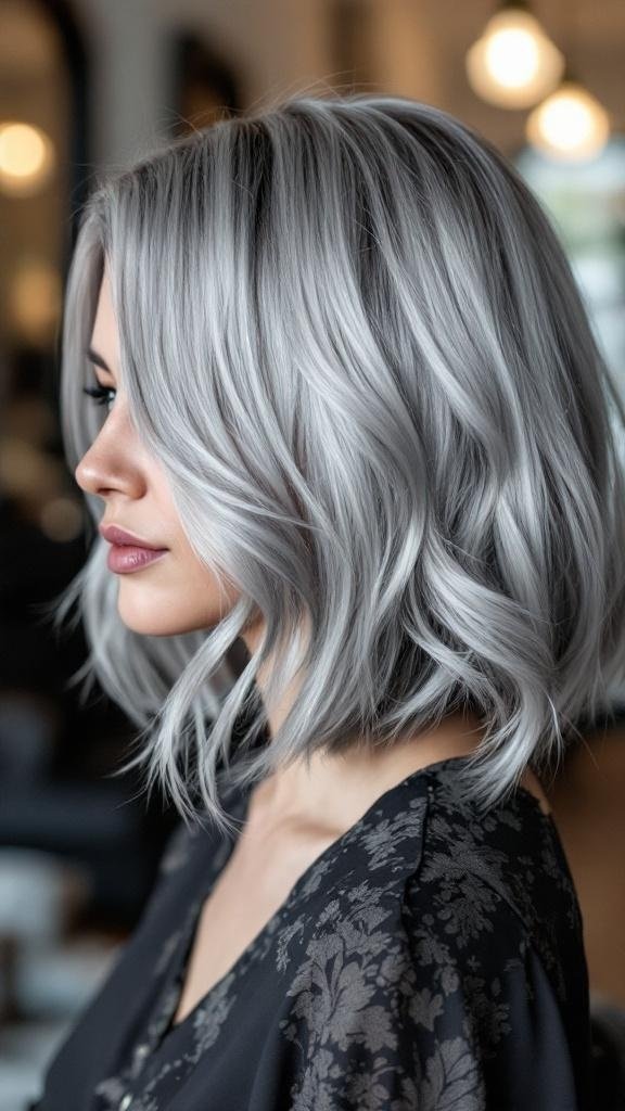 A stylish silver lob haircut with face-framing layers.