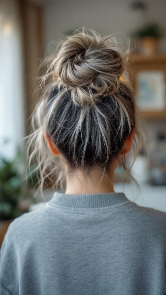 A woman with a messy bun hairstyle featuring grey strands, wearing a grey sweater.
