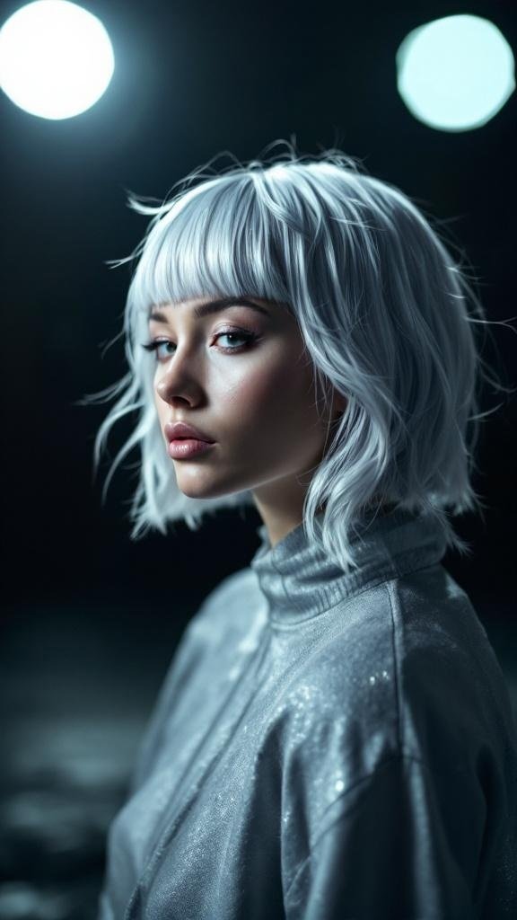 A woman with frosted silver hair styled in a bob, wearing a shiny silver top, with soft lighting highlighting her features.