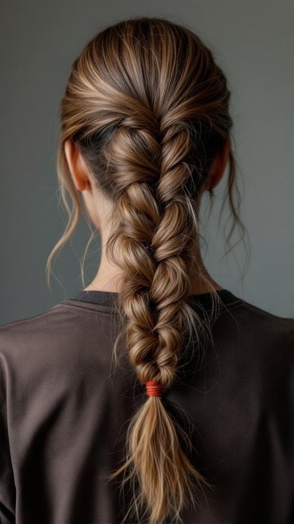 A woman with a braided ponytail, showcasing a neat and stylish hairstyle.