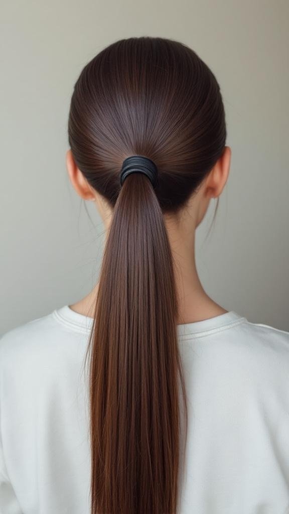A sleek high ponytail hairstyle showing long, straight hair tied back with a black hair tie.