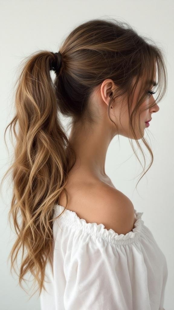 A woman with a side ponytail featuring soft waves, wearing a white off-shoulder top.