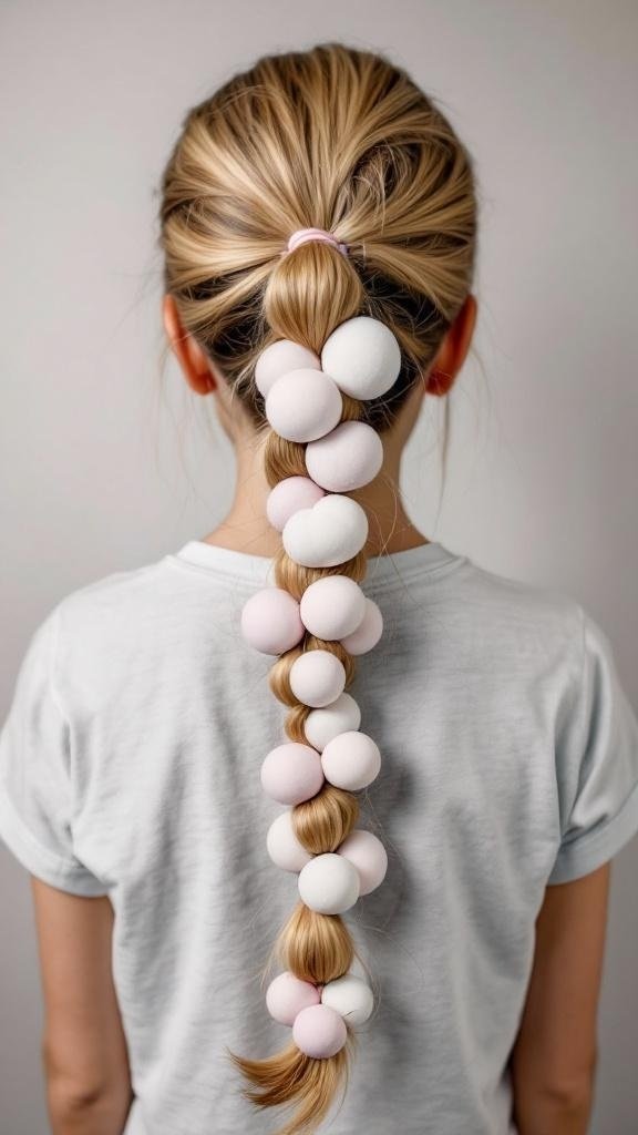 A bubble ponytail hairstyle with colorful elastic bands creating bubbles along the hair.