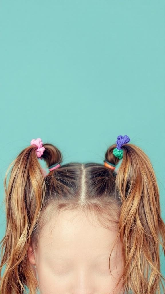 A girl with double ponytails styled with colorful hair ties against a teal background.