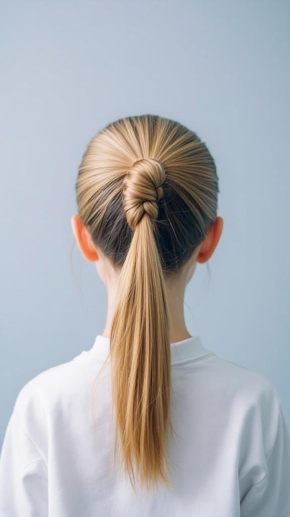 A knotted ponytail hairstyle featuring a smooth, sleek look with a knot at the base.