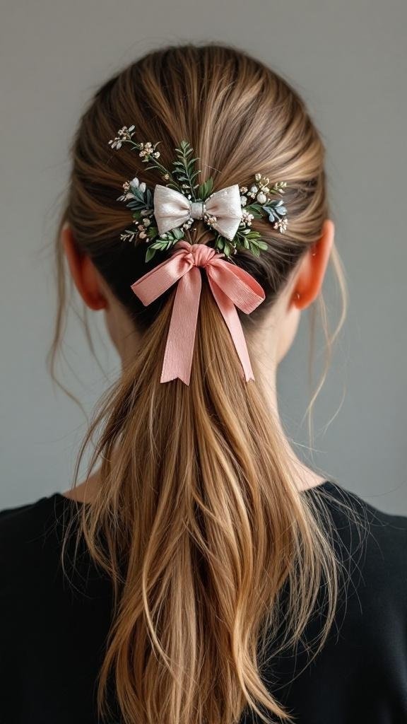 A ponytail hairstyle adorned with a floral arrangement and a pink bow.