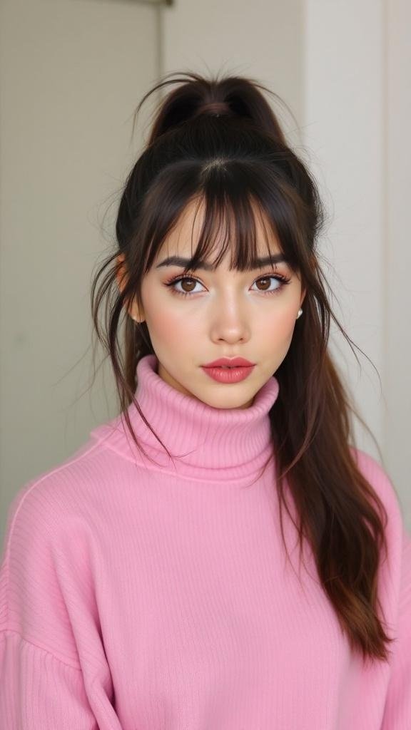A young woman with a high ponytail and bangs, wearing a pink sweater.