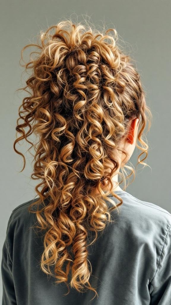A woman with a curly high ponytail hairstyle, showcasing bouncy curls.