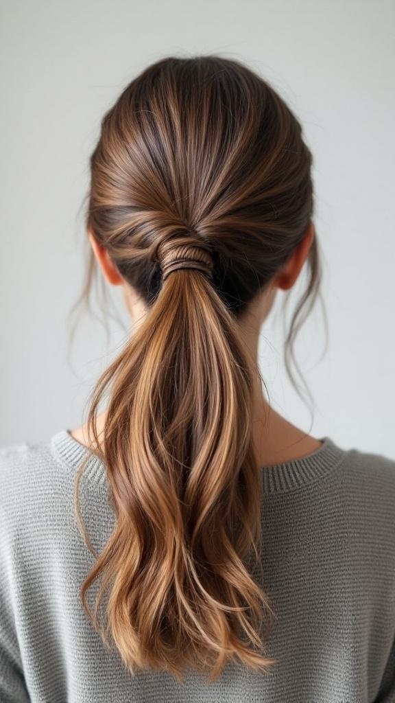 A woman with a ponytail wrapped in hair, showcasing a stylish hairstyle.