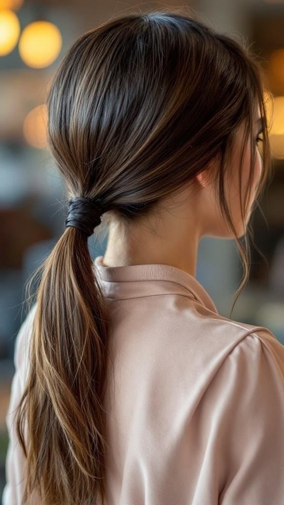 A woman with a sleek low ponytail, showcasing a neat hairstyle.
