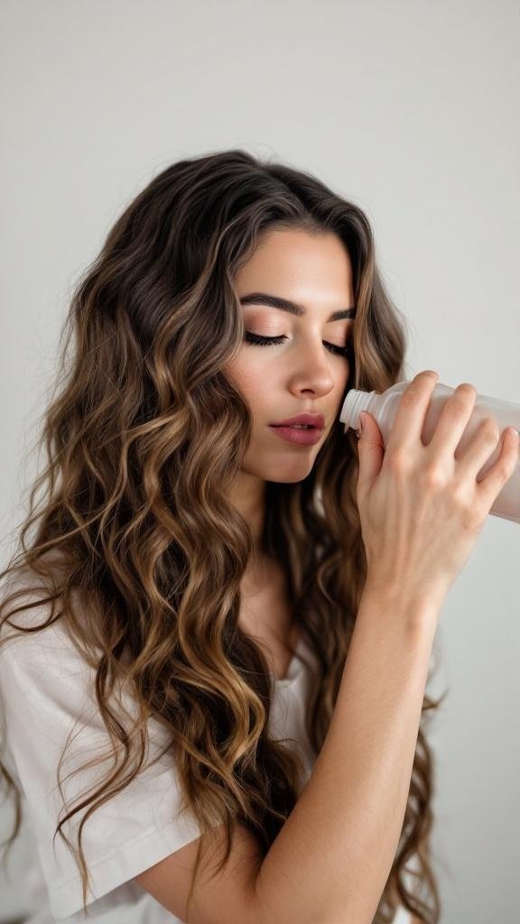 A woman with long, wavy hair holding a water bottle, preparing to create curls.