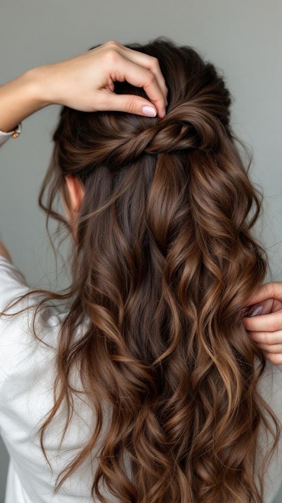 A person twisting and pinning their long hair for heatless curls.