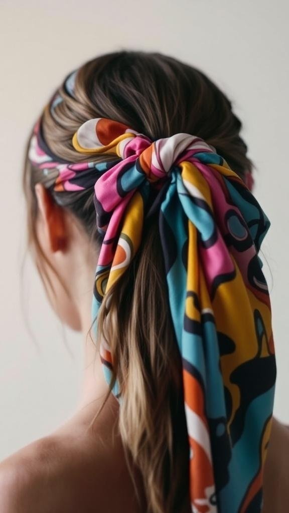 A ponytail hairstyle adorned with a colorful scarf.