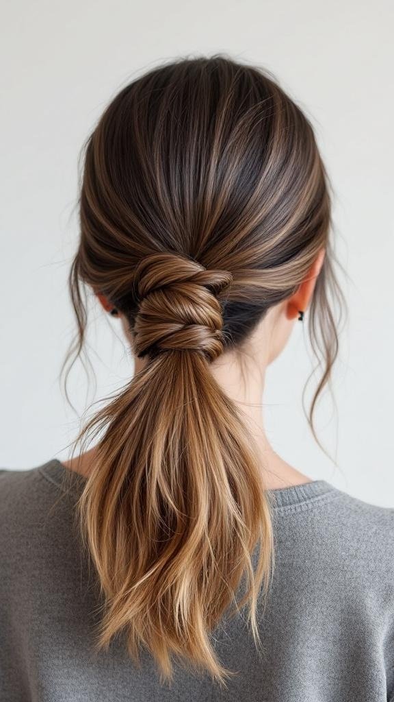 A stylish ponytail with a twist, featuring a knot at the base and loose strands.